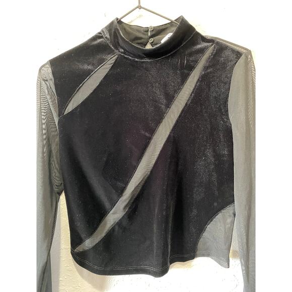 Bershka Mesh and Velvet Cropped Long Sleeve Top Black Sz L Party Glam Club - Picture 3 of 8